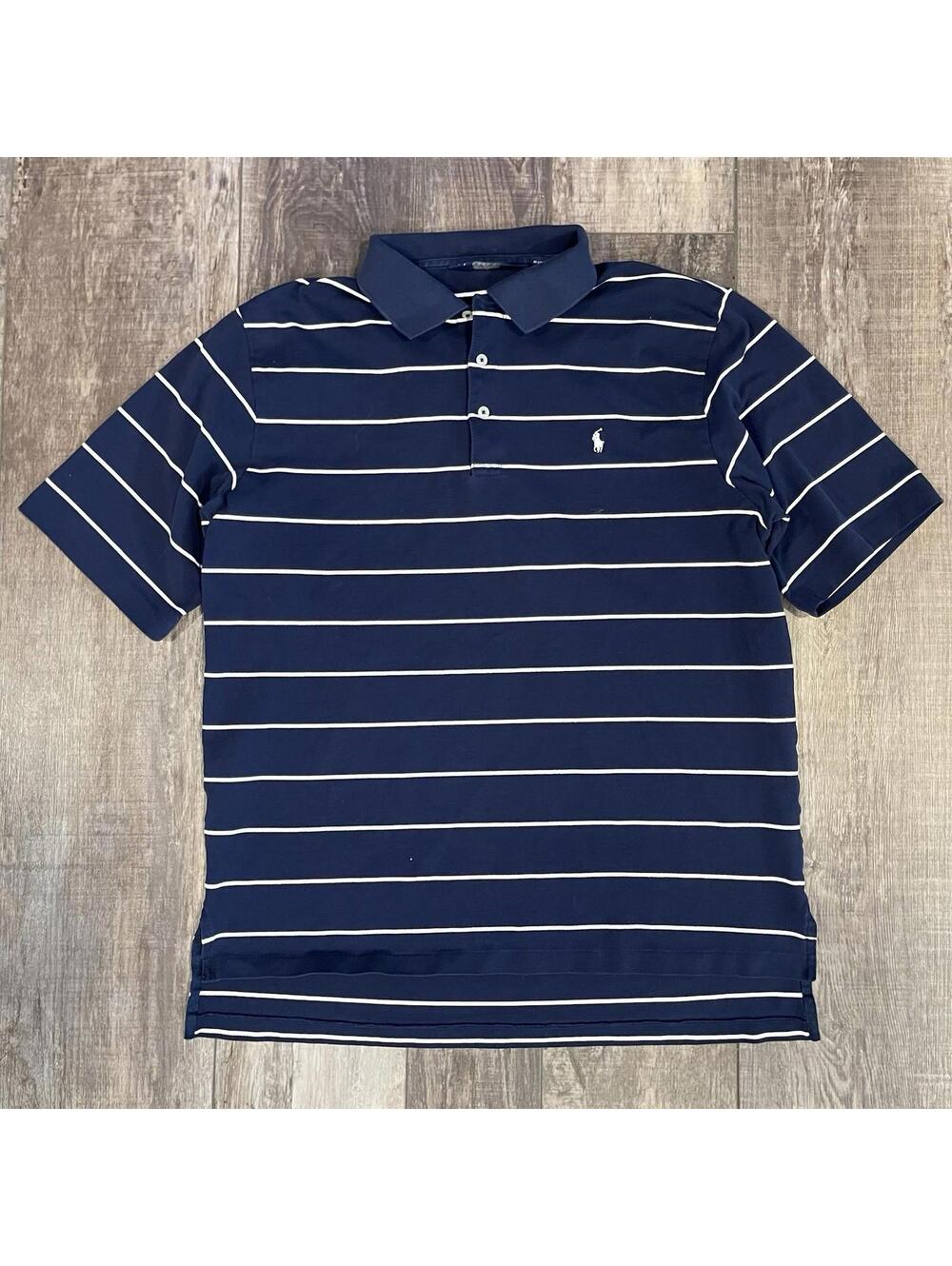 Vintage Polo Golf Ralph Lauren Shirt Mens L Pima Cotton Navy White Stripe Soft